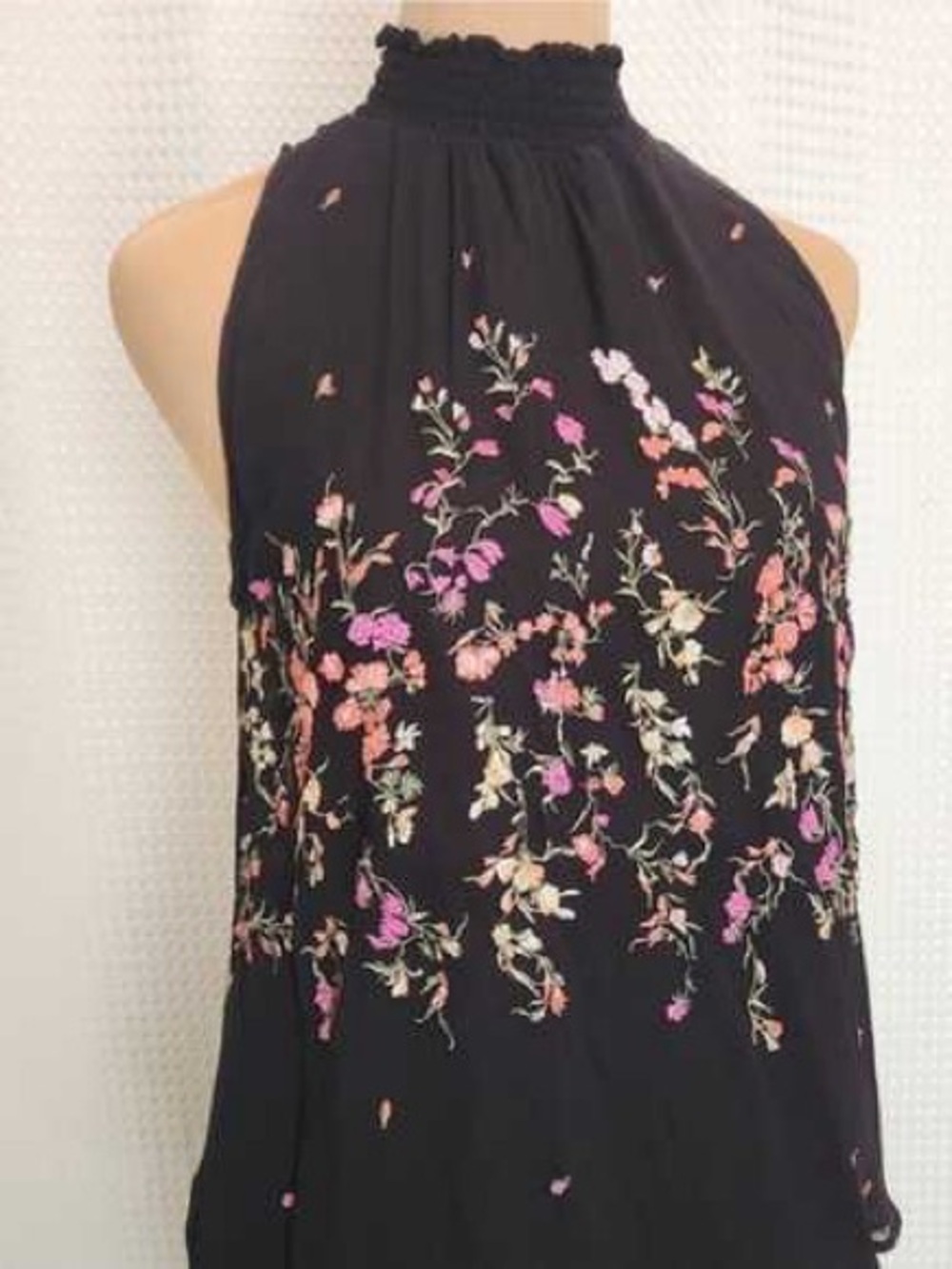 Anthropologie Black Halter Floral Embroidered Top